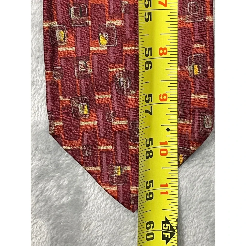 Hugo Boss Mens Silk Tie Burgundy Orange Geometric Abstract Made in Italy 59x3.75